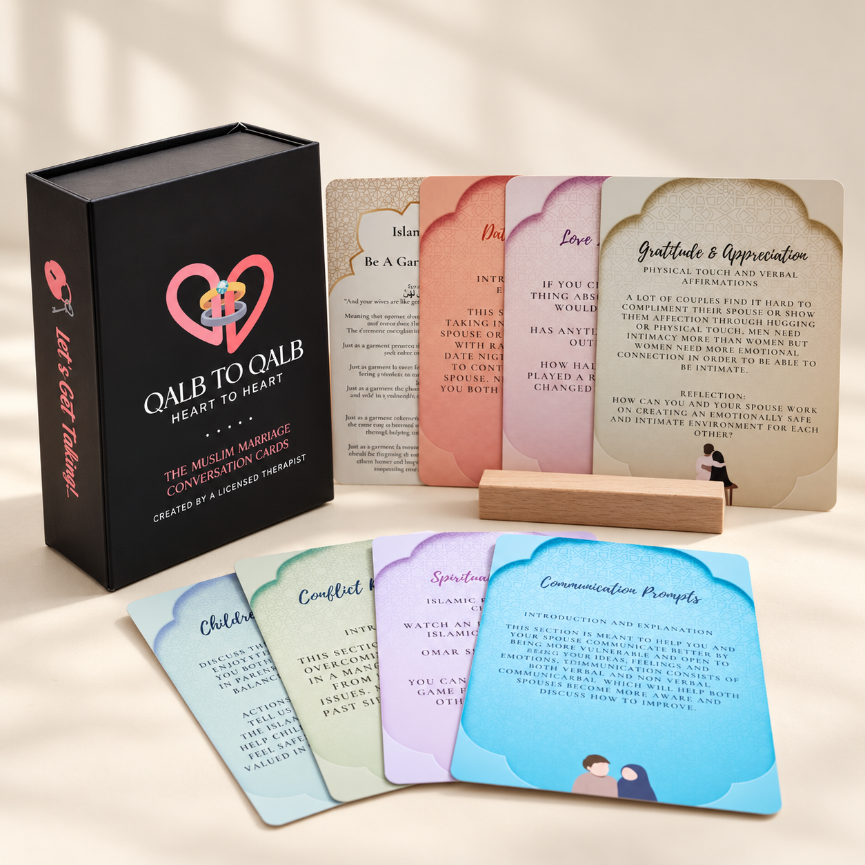 Qalb to Qalb box, sample topic cards and included wooden display stand
